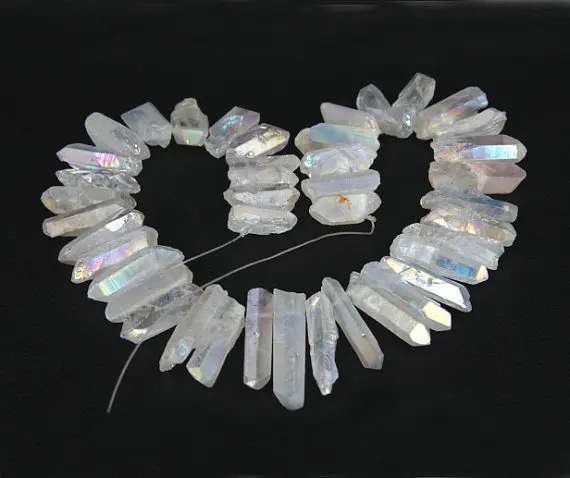 

40pcs/strand Raw Crystals Points Bulk,Rainbow White Mystic Titanium Quartz Top Drilled Crystal Stick Beads Pendants 9-13x30-40mm