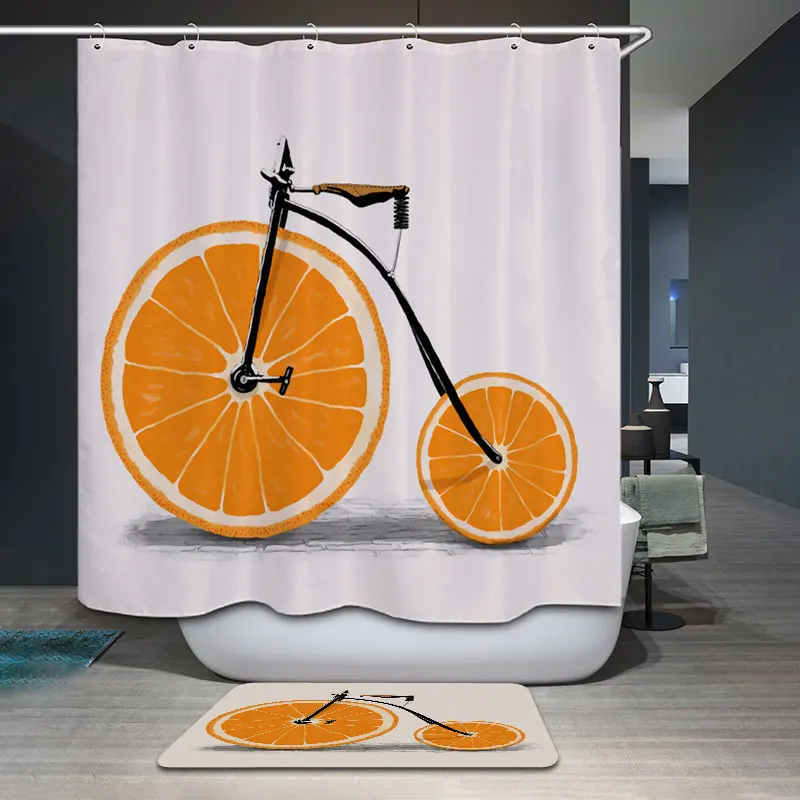 

Polyester Waterproof Cartoon Orange Lemon Bicycle Shower Curtain Bathroom Curtains 12 Hooks Mildewproof Bath Curtain