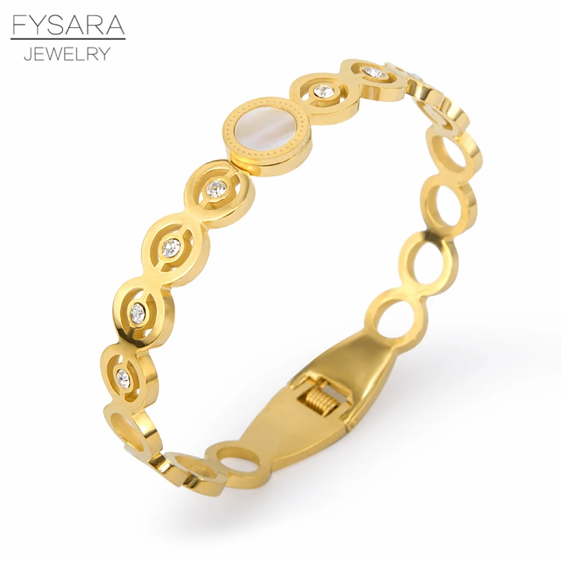

FYSARA Luxury Brand Round Crystal CZ Charm Bracelets for Women Gold Color Shell Bracelets & Bangles Engagement Jewelry Wholesale
