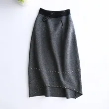 GTGYFF осень зима стрейч с высокой талией Асимметричные миди трапециевидная трикотажная юбка с заклепками для женщин женские винтажные вязаные юбки saias