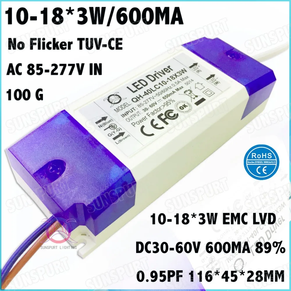 

3 Pcs By TUV-CE Box No Flicker 40W AC85-277V LED Driver 10-18x3W 600MA DC30-60V Constant Current For LED Spotlight Free Shipping