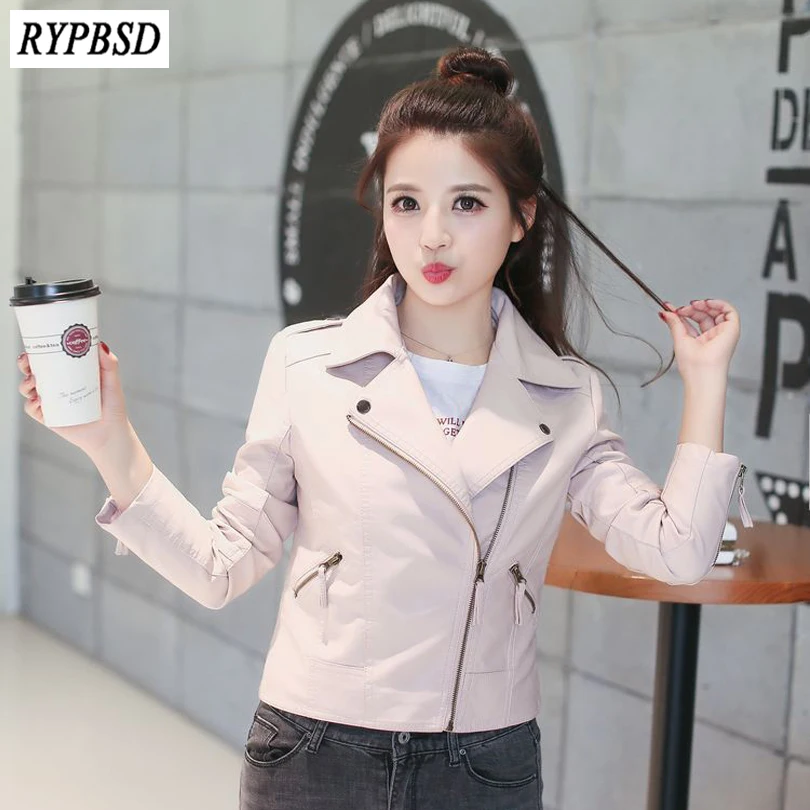 Pink Leather Jacket Women 2017 Spring Jackets Women Faux Biker Moto Leather Coats Ledermantel Belt Perfecto Femme Cuir