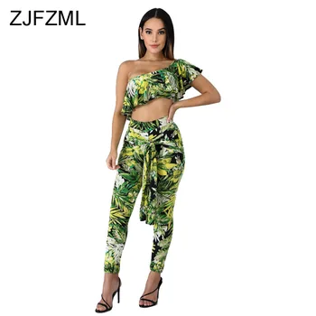 

Floral Print Sexy Two Piece Tracksuit Women One Shoulder Ruffles Crop Top And Bodycon Pant Sweatsuit Summer 2 Piece Matching Set