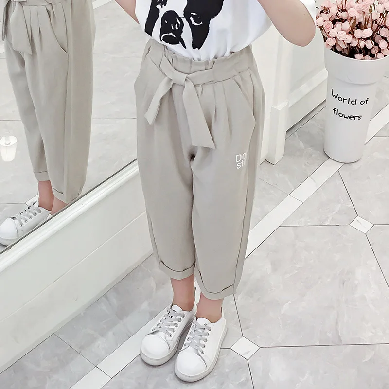 

Kids Girls Summer Cool Pants Cotton Linen Bowknot Loose Leisure Calf-Length Pants Beige/Black For Teen Girl 4 6 8 10 12 14 Y