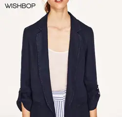 Wishbop 2017 Женская мода осень темно-льняной пиджак воротник с лацканами вкладки на 3/4 рукава с металлическими пуговицами боковые карманы