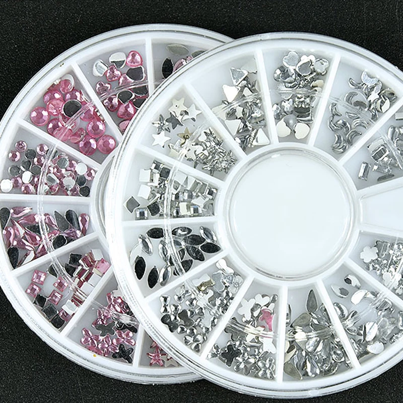 

Round/Heart/Square/Flower/Star Pink White Crystal Fancy Stone Nail Rhinestones Round 3D Decoration In Wheel Manicure Tool , ZP38