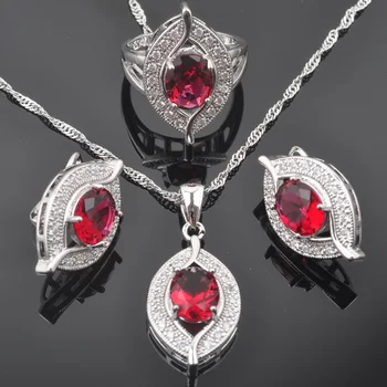 

Rose Red Crystal White CZ Women's Silver Color Jewelry Sets Earrings Pendant Necklace Rings Brithday Gift QZ0235
