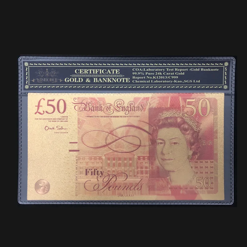 

24k Gold British 50 Pounds Note with Plastic Frame Colored UK Gold Banknote for Collection Business Gifts