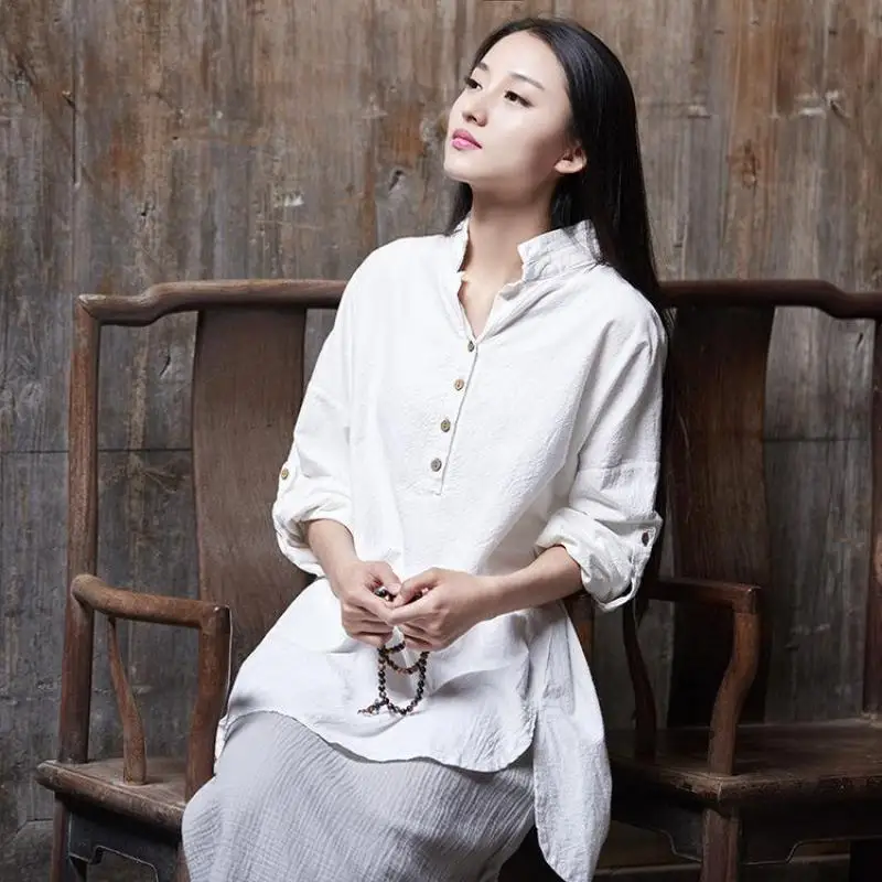 Spring Summer Chinese Style Cotton Linen Solid Color Original Design Women Long Sleeves Blouse |