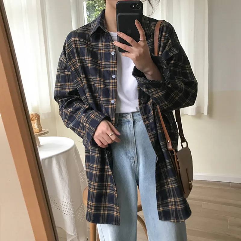  2 colors Autumn thick Plaid Shirt Blouse 2019 Korea College Loose Tops Fashion long Sleeve Loose Ca