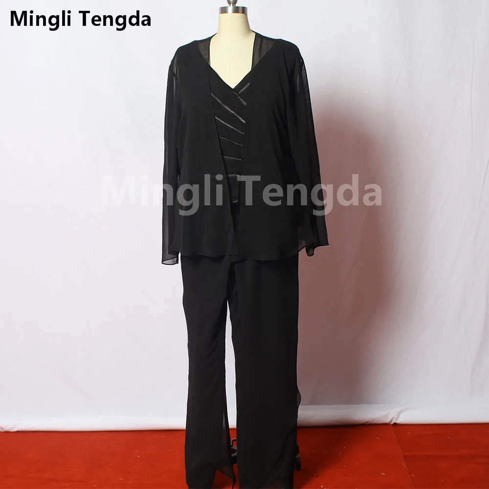 

Mingli Tengda 2018 New V Neck Mother of the Bride Dresses with Jacket Black Chiffon Three Pieces Mother of the Bride Pant Suits