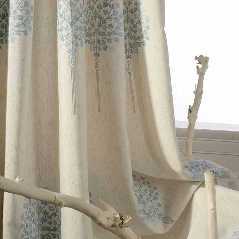 Cortinas bordadas de lino de algodón para sala de estar Cortinas florales para dormitorio carpas azules ventana tratamientos Cortinas chinas