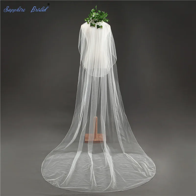 

Sapphire Bridal Simple 2 Tiers Cathedral Veils White Ivory Pencil Edge Veils For Brides Veil With Blusher Free Comb