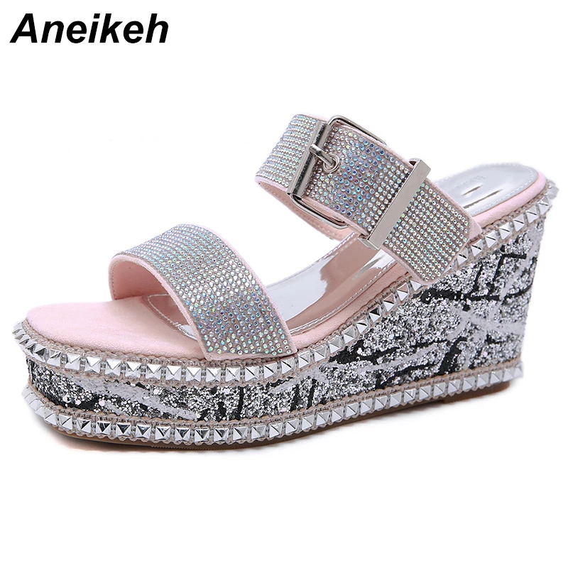 

Aneikeh 2019 PU Concise Slipper Women Printing Diamond Open Toe Wedges Ladies Slides Slippers Black Pink Shallow Causal 34-40