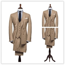 Шампанское хаки Пляж Свадебный костюм жениха Смокинги для женихов комплект из 3 предметов Для мужчин выпускного вечера Повседневное Блейзер Best мужчина дружки Костюмы индивидуальный заказ