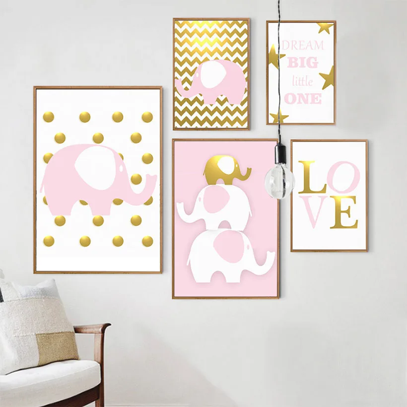Elephant Family  Wall Art Posters Paintings Dream Big Little One Quotes Nordic Prints Dots Nursery Bedroom Decorative Pictures