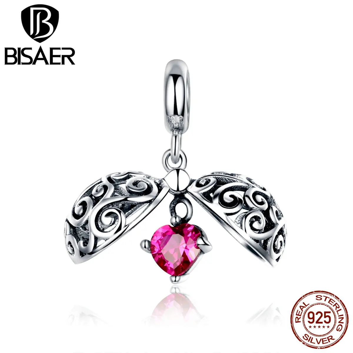 BISAER, 925 пробы, серебряное, красное сердце, CZ, любовь, коробка, подвеска, талисманы, подходит для оригинала 925, для женщин, 3 мм, браслет, бижутерия GXC1114