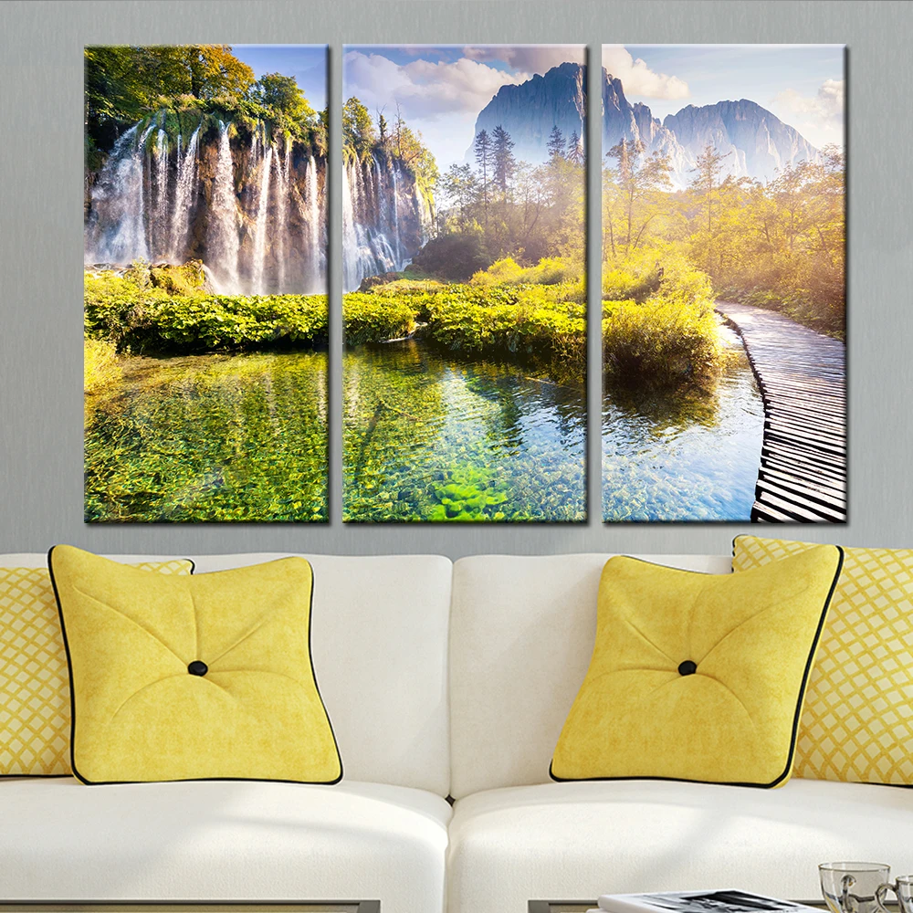 

HD Printed Modern Canvas Living Room 3 Panel Waterfall Tree View Framework Pictures Painting Wall Art Modular Poster Home Decor