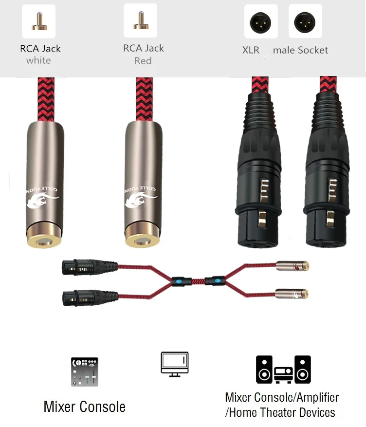 Double RCA Female to 2 XLR Female Audio Cable For Amplifier Mixer
