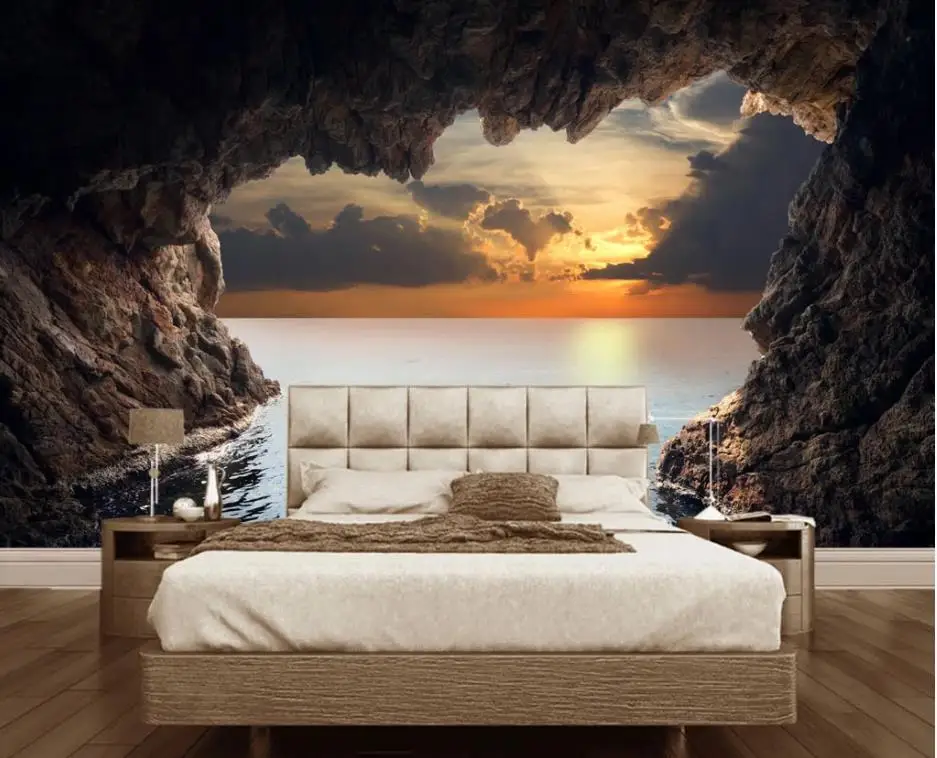 Cave seascape sunrise background wall painting wallpaper for walls 3 d for living room Cave seascape sunrise background wall painting wallpaper for walls 3 d for living room