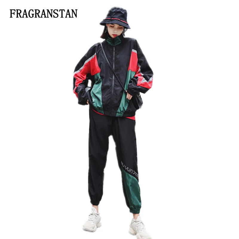 

Ladies Spring Autumn Fashion Black Hit Color Two Piece Set Women Stand Collar Jacket+Elastic Waist Long Pants Loose Suits JQ872