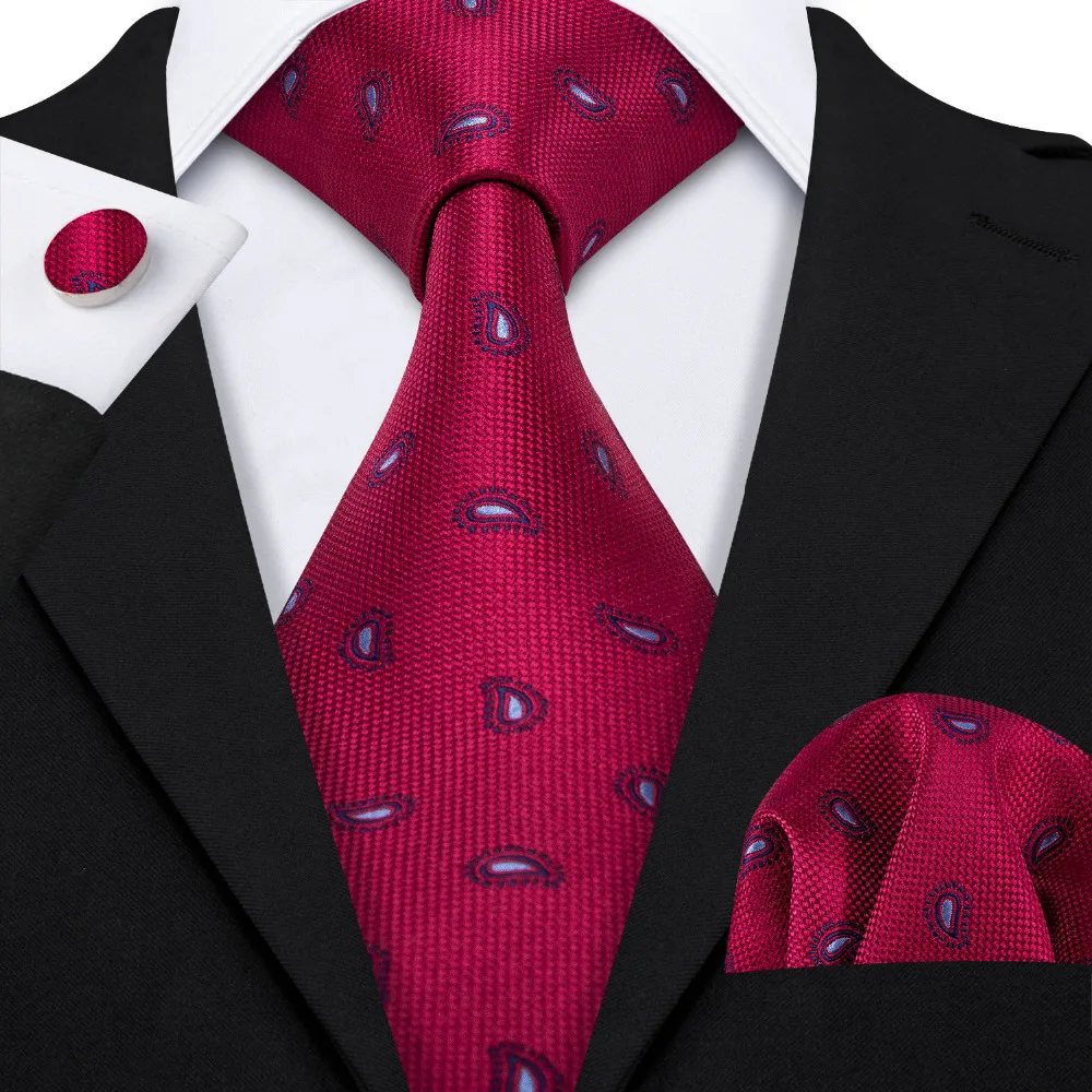 

LS-5027 Mens Ties 100% Silk Jacquard Woven Red Paisley Silk Ties For Men Wedding Business Hankerchief Cufflinks Neck Tie Set