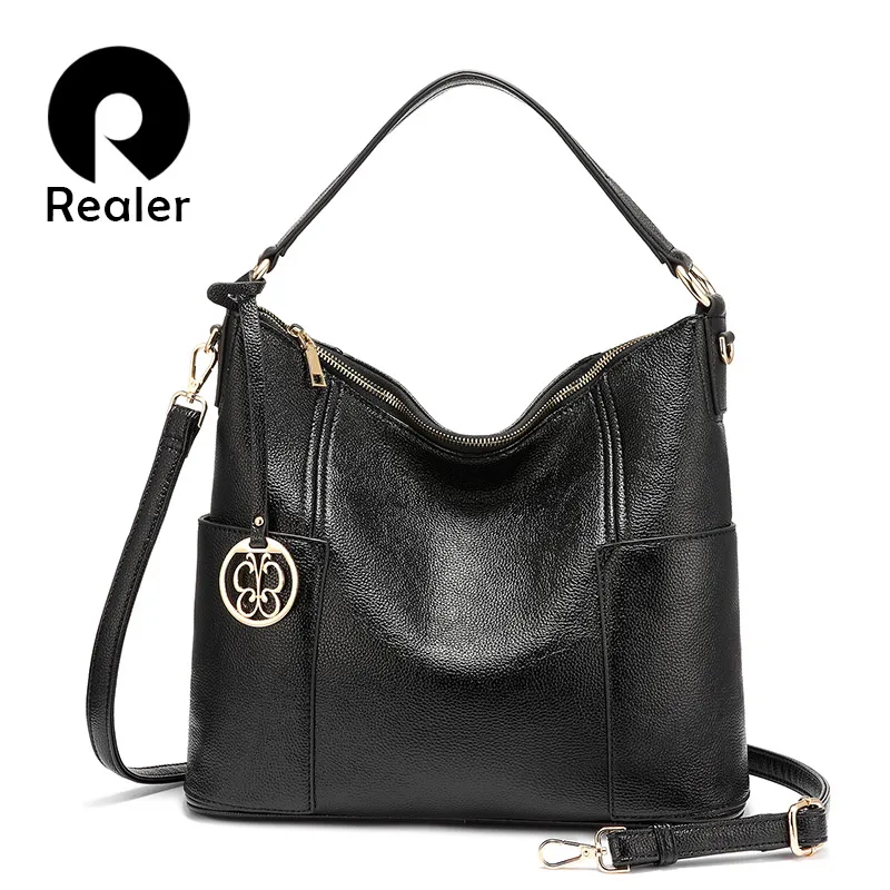 

REALER women casual totes female shoulder crossbody bags ladies top-handle bag with hollow out tassel high quality PU leather