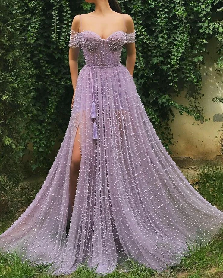 

2019 Elegant Pearle Off-shoulder Evening Dresses Backless Side Split Pageant Party Prom Gowns Real Pictures Robes robe de soiree