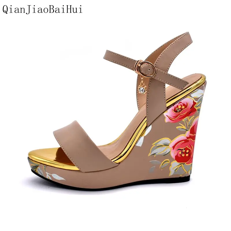 

QianJiaoBaiHui Women Wedges Sandals Elegant Printing Ankle Strap High Heels Sandals womens banquet Shoes Ladies Dress Sandals