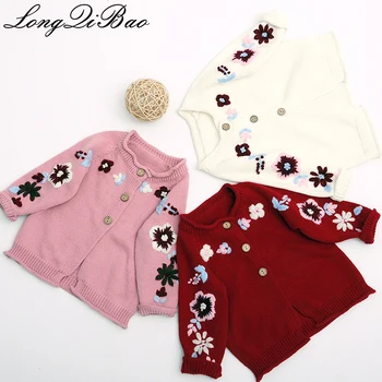 

High quality 2018 embroidered hook flower cotton knit cardigan button sweater baby boy baby sweater shirt