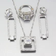 925 пробы серебро Для женщин Ювелирные наборы прямоугольного белый кубический цирконий серьги кулон Цепочки и ожерелья кольцо 6/7/8/ 9/10