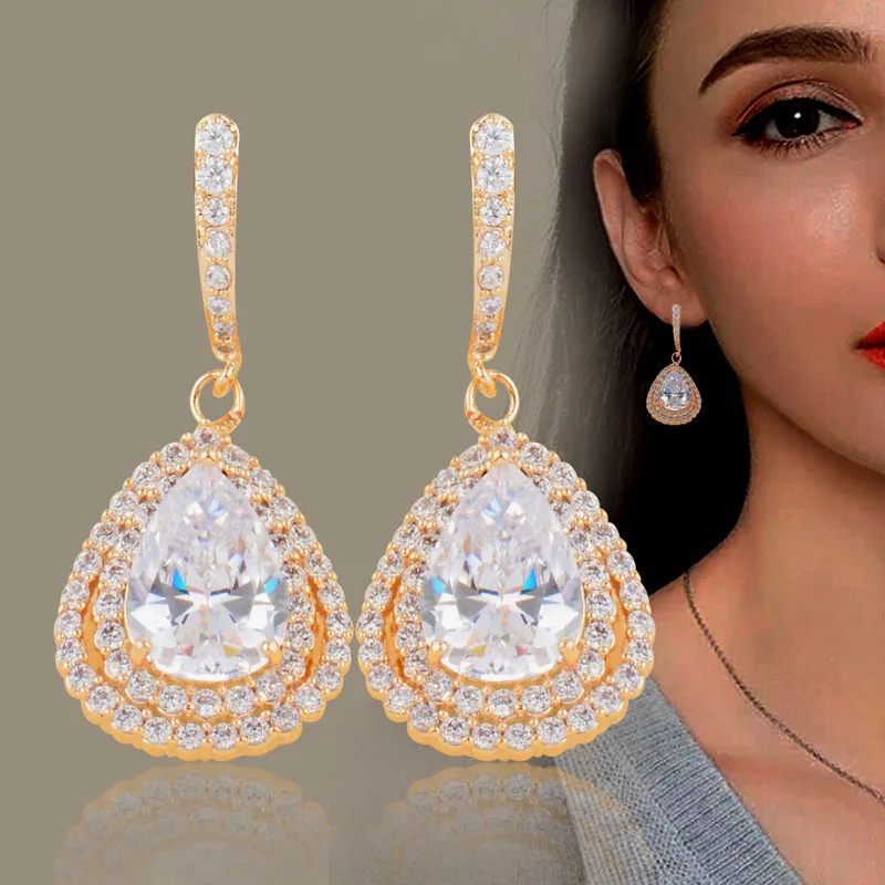 

SINLEERY Big Cubic Zirconia Teardrop Earrings Dazzling Crystal Drop Earring Luxury Wedding Jewelry CZ059 SSH