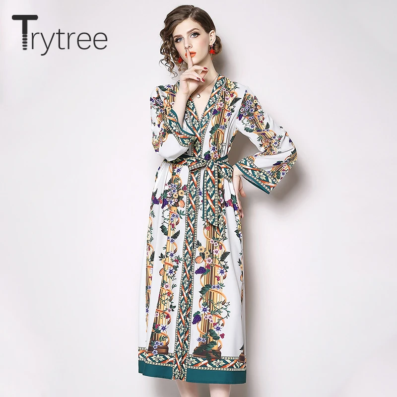 

Trytree Autumn Dress Print Elegant women Flare Sleeve Polyester Bohemian dresses V-Neck Adjustable Sashes Loose Casual Dresses