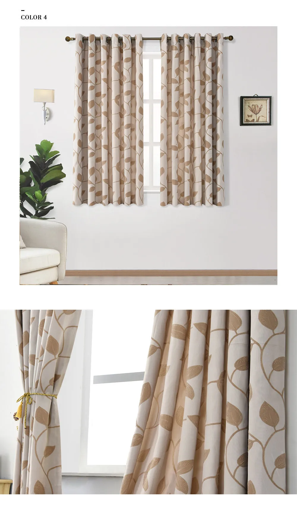 LOZUJOJU Pastoral Leaves Jacquard Short Drapes for Living Room Windows Thick Fabric Semi Shade Grommet Top Ready Made Modern (4)