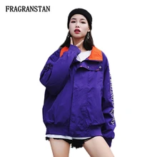 Женский весенний сезон осень, со стоячим воротником, фиолетовое пальто, женская модная куртка с вышитыми буквами, хит цвета, негабаритная Повседневная Верхняя одежда, JQ867