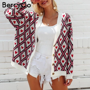 

BerryGo Heart print knitted cardigan Casual Single breasted women sweater 2018 Autumn winter oversized thick cardigan jumper
