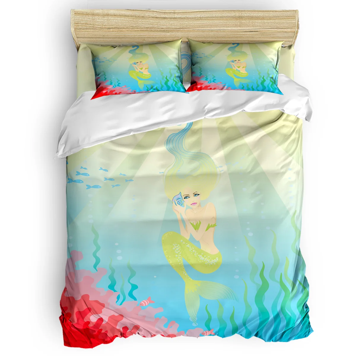 Cartoon Mermaid 3 Piece Bedding Sets Quilt Bedding Set Quilted Duvet Set April Fool's Day Machine Washable California King