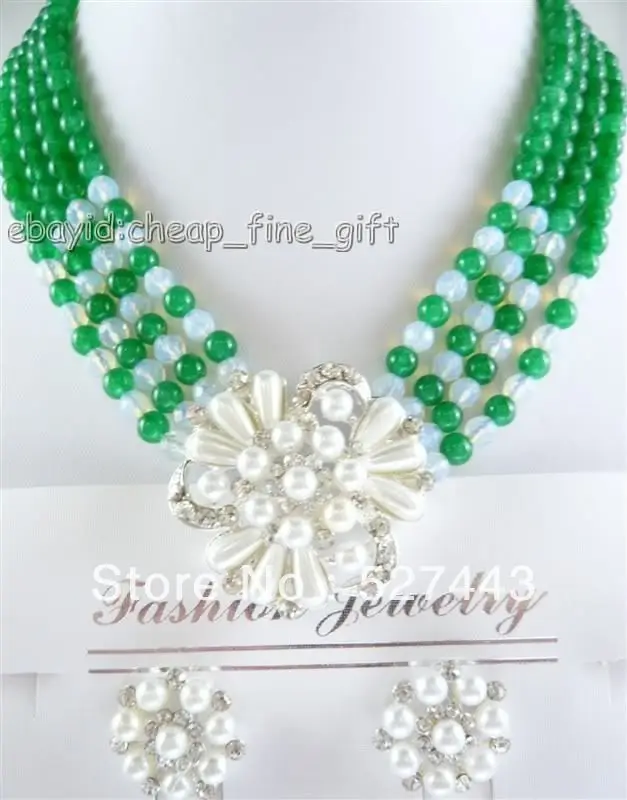 

free shipping>>> Wholesale 6MM Natural Geen jade Moonstone 4 Rows Necklace Earring (A0511)