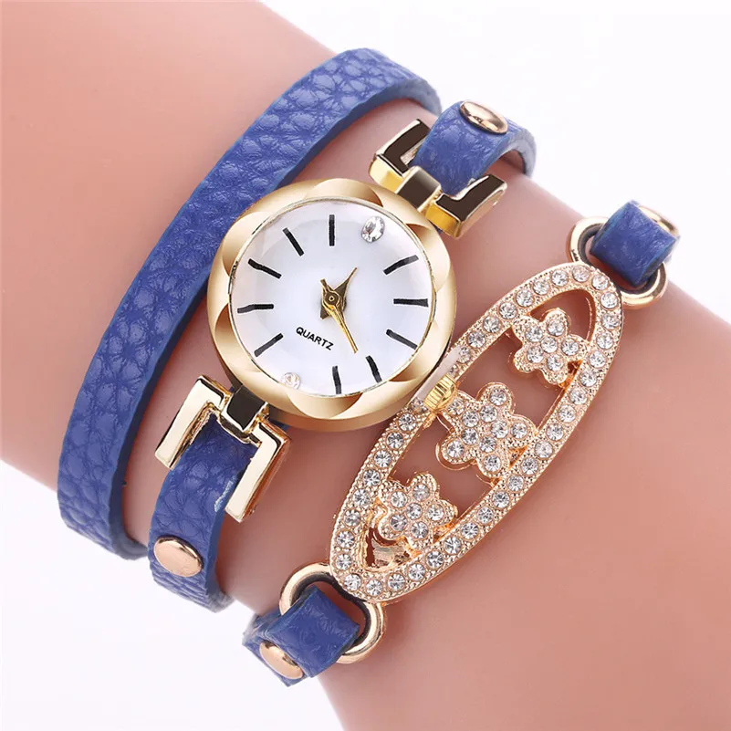 High Quality women fashion casual watch dress Leather Quartz Watch Luxury Bracelet Flower Gemstone Wristwatch Gift clock M22#N (7)