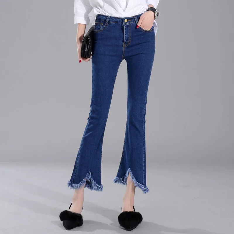 Женские модные брюки длиной до щиколотки эластичные джинсы женские синие Асимметричные с кисточками высокая талия тонкие расклешенные брюки для женщин