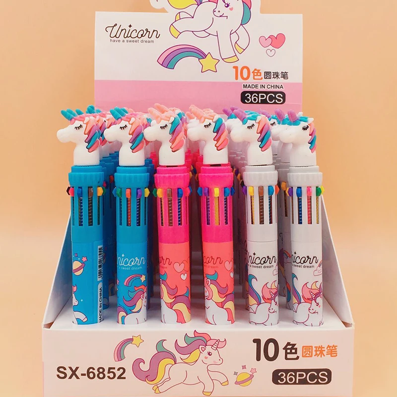 

36 Pcs/lot Cute Unicorn 3/6/10 Colors Ballpoint Pen Cartoon Ball Pen for Kids Gift Material Escolar Office School Supply