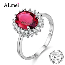 

Almei Smaller Stone Red Garnet & Zircon Ring Pure 925 Sterling Silver Women Wedding Engagement Rings with Box 10% CJ004 6*8mm