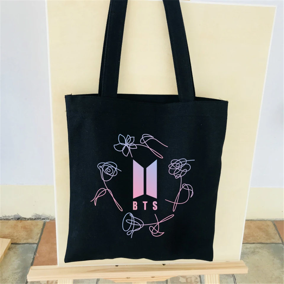 

Summer Canvas Tote for women 2018 BTS Flower Shoulder Bag print Lady Casual Bag Female Shopping Soft High Quality Army Bag