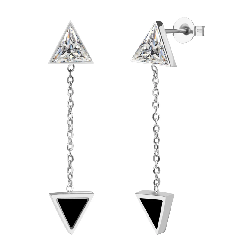 Silver Color Classic stainless steel earrings Triangle Geomery drop Stud earrings Cubic Zirconia Wedding Jewelry for women girl   (1)