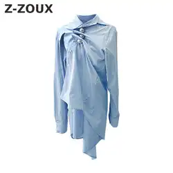 Z-ZOUX Для женщин Блузки Нерегулярные Для женщин футболки свободные длинные хлопок синяя рубашка Для женщин асимметричный верх с