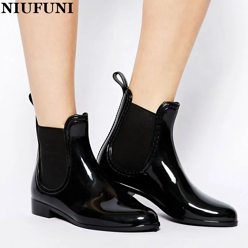 

NIUFUNI Rain Rubber Boots Women Fashion Womens Rain Boots Rubber Waterproof Plus Size Ankle Low Square Heel Elastic Casual Shoes