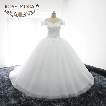 

Rose Moda Luxury Off Shoulder V Neck Lace Princess Wedding Dress with Puffy Skirt Short Sleeves Lace Top Wedding Ball Gown
