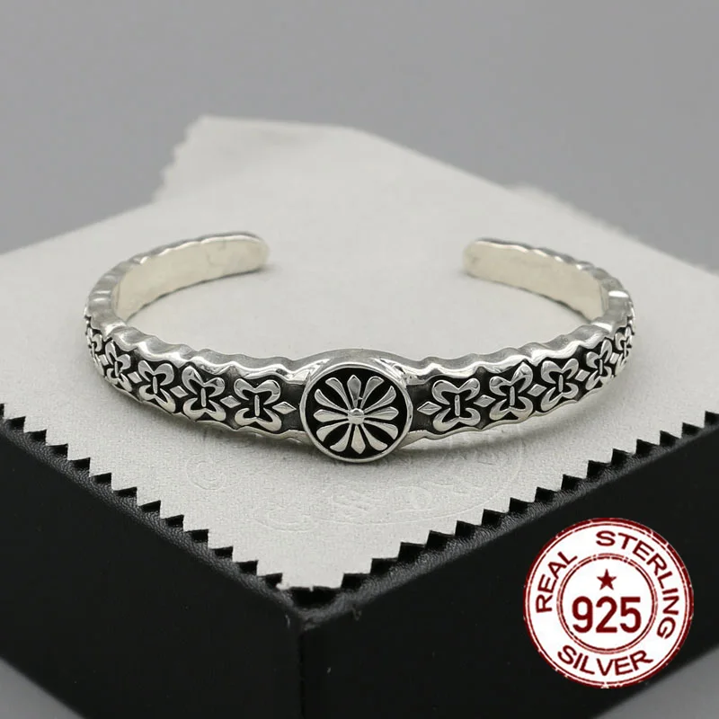 

S925 sterling silver men's bracelet personality vintage domineering fashion punk-style hip hop cross flower shape gift Bangles
