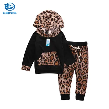 

Newborn Toddlers Baby Clothing Set 2PCS Kid Baby Boys Girls Leopard Pullover Hooded Coat + Pants Set Clothes Outfit