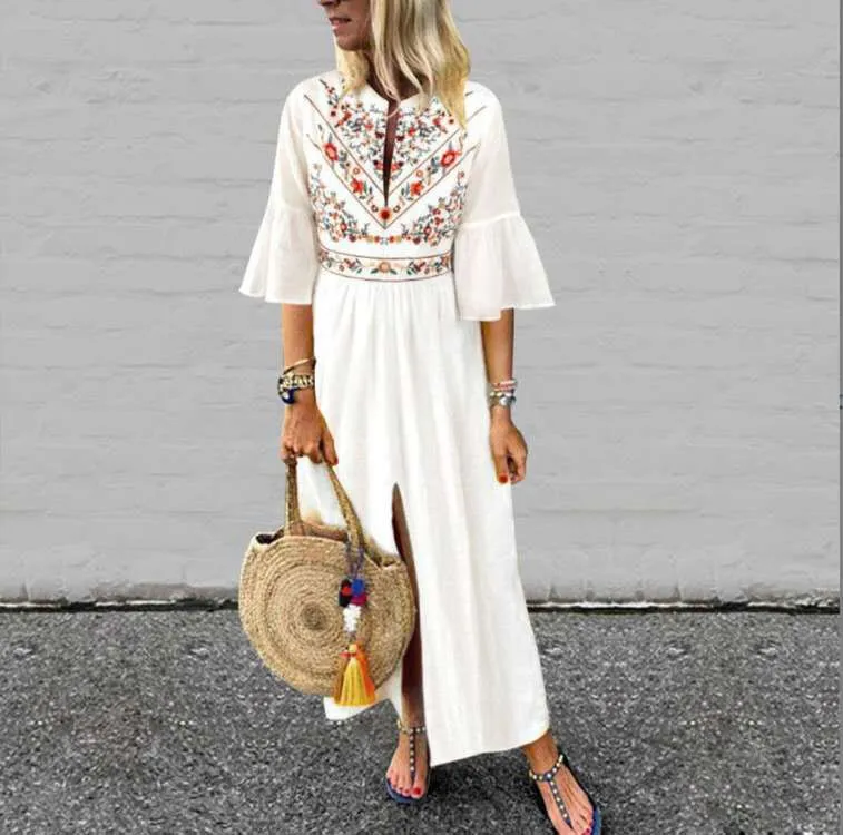 

Fashion 2019 Summer Bohemian Women Long Dress Floral Print V Neck Split Dress Vintage Ruffles Maxi Dress